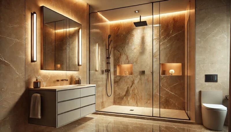 Bagno con illuminazione a led, nicchie e doccia a parete